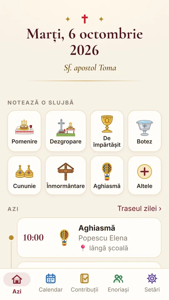 Ecranul de azi: ziua, sfântul zilei, butoanele slujbelor și slujbele zilei