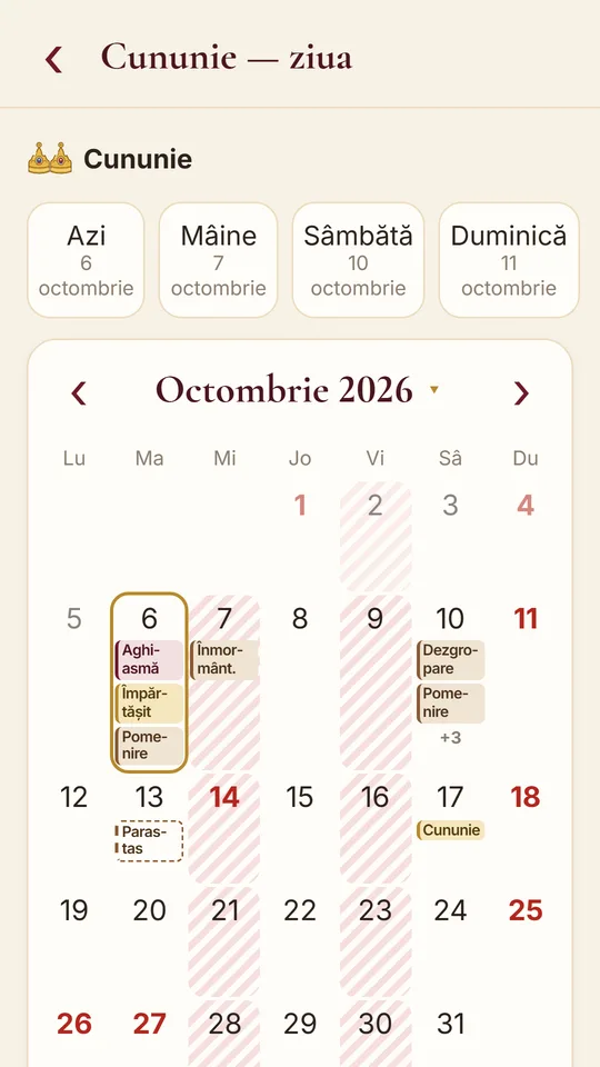 Alegerea zilei pentru o cununie, cu zilele fără cununii hașurate